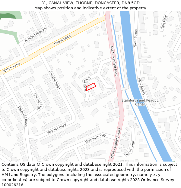 31, CANAL VIEW, THORNE, DONCASTER, DN8 5GD: Location map and indicative extent of plot