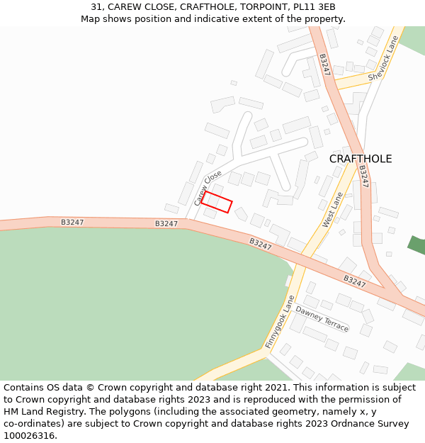 31, CAREW CLOSE, CRAFTHOLE, TORPOINT, PL11 3EB: Location map and indicative extent of plot