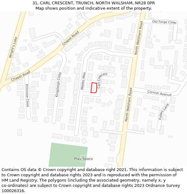 31, CARL CRESCENT, TRUNCH, NORTH WALSHAM, NR28 0PR: Location map and indicative extent of plot