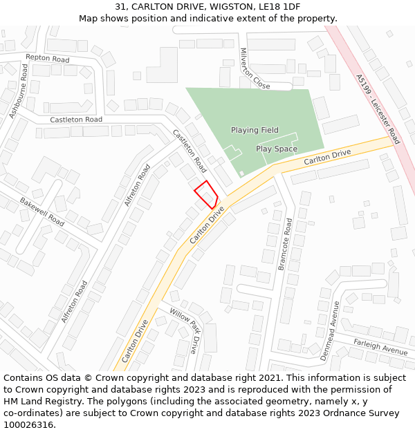 31, CARLTON DRIVE, WIGSTON, LE18 1DF: Location map and indicative extent of plot