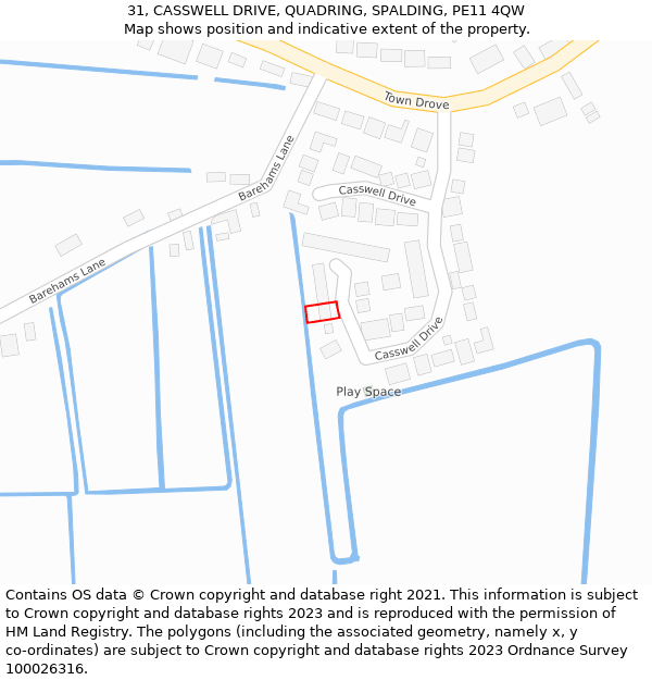 31, CASSWELL DRIVE, QUADRING, SPALDING, PE11 4QW: Location map and indicative extent of plot