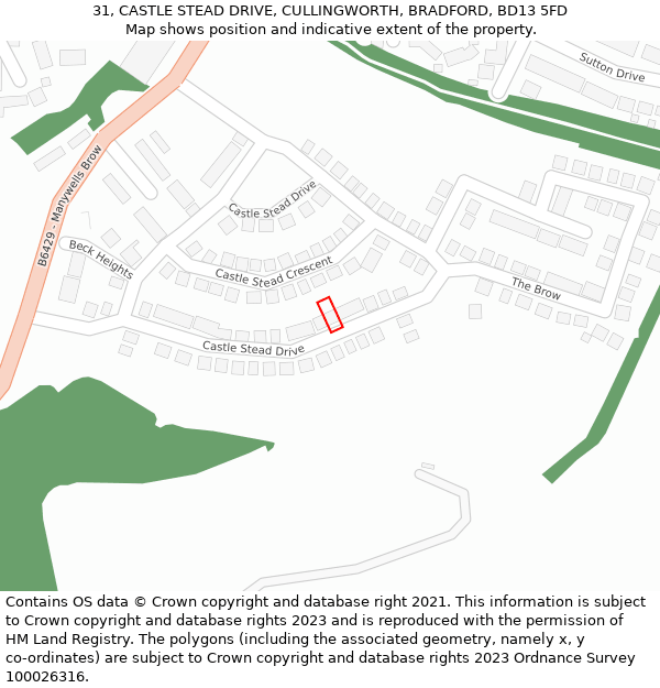 31, CASTLE STEAD DRIVE, CULLINGWORTH, BRADFORD, BD13 5FD: Location map and indicative extent of plot