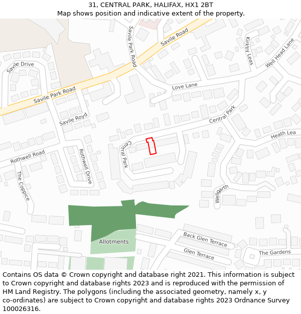 31, CENTRAL PARK, HALIFAX, HX1 2BT: Location map and indicative extent of plot