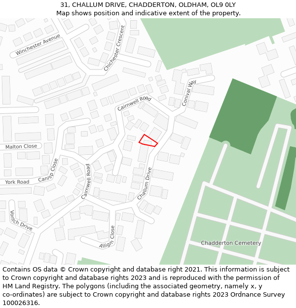 31, CHALLUM DRIVE, CHADDERTON, OLDHAM, OL9 0LY: Location map and indicative extent of plot