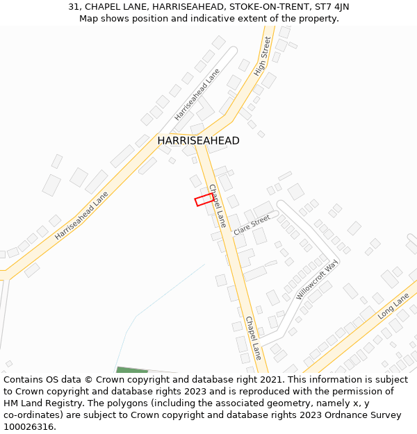 31, CHAPEL LANE, HARRISEAHEAD, STOKE-ON-TRENT, ST7 4JN: Location map and indicative extent of plot