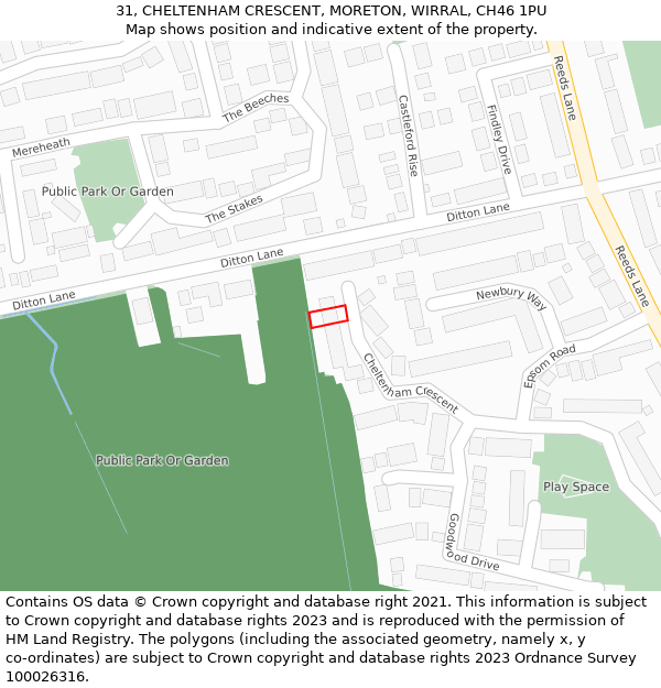 31, CHELTENHAM CRESCENT, MORETON, WIRRAL, CH46 1PU: Location map and indicative extent of plot