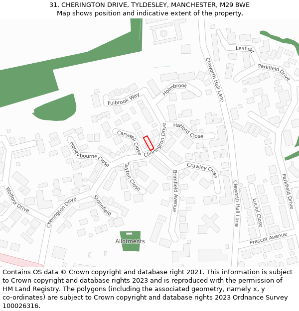 31, CHERINGTON DRIVE, TYLDESLEY, MANCHESTER, M29 8WE: Location map and indicative extent of plot