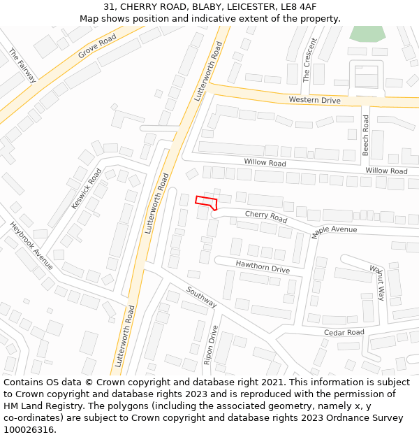 31, CHERRY ROAD, BLABY, LEICESTER, LE8 4AF: Location map and indicative extent of plot