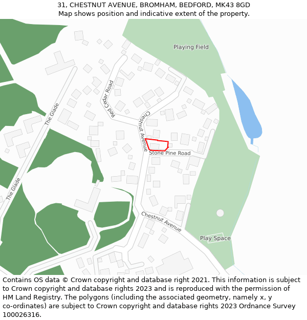 31, CHESTNUT AVENUE, BROMHAM, BEDFORD, MK43 8GD: Location map and indicative extent of plot