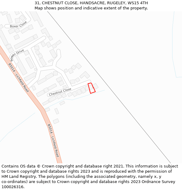 31, CHESTNUT CLOSE, HANDSACRE, RUGELEY, WS15 4TH: Location map and indicative extent of plot