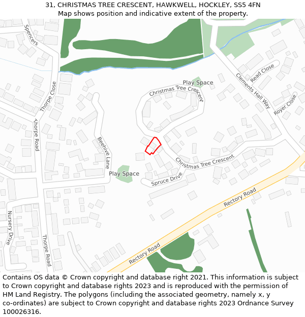 31, CHRISTMAS TREE CRESCENT, HAWKWELL, HOCKLEY, SS5 4FN: Location map and indicative extent of plot