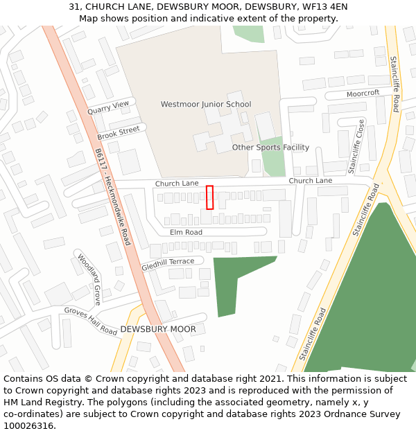 31, CHURCH LANE, DEWSBURY MOOR, DEWSBURY, WF13 4EN: Location map and indicative extent of plot