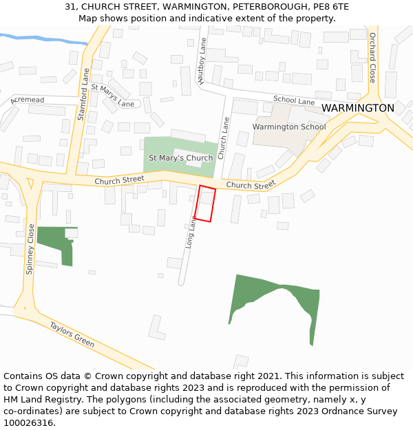 31, CHURCH STREET, WARMINGTON, PETERBOROUGH, PE8 6TE: Location map and indicative extent of plot