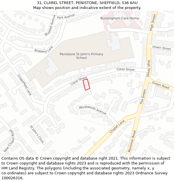 31, CLAREL STREET, PENISTONE, SHEFFIELD, S36 6AU: Location map and indicative extent of plot