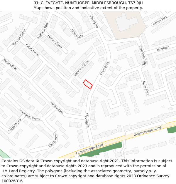 31, CLEVEGATE, NUNTHORPE, MIDDLESBROUGH, TS7 0JH: Location map and indicative extent of plot