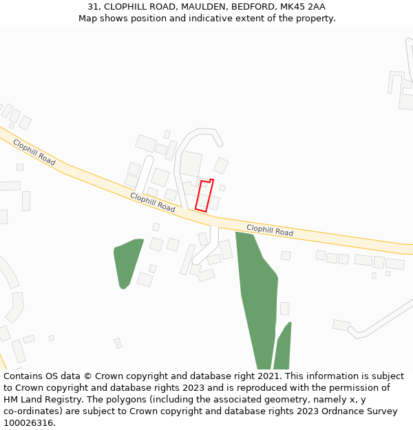 31, CLOPHILL ROAD, MAULDEN, BEDFORD, MK45 2AA: Location map and indicative extent of plot