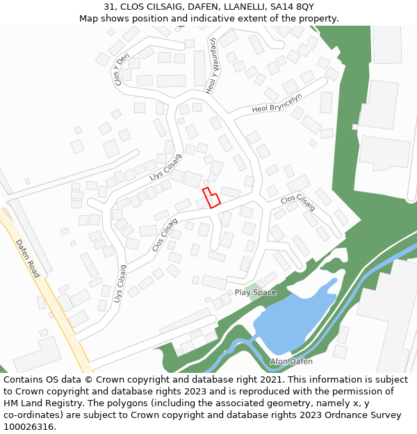 31, CLOS CILSAIG, DAFEN, LLANELLI, SA14 8QY: Location map and indicative extent of plot