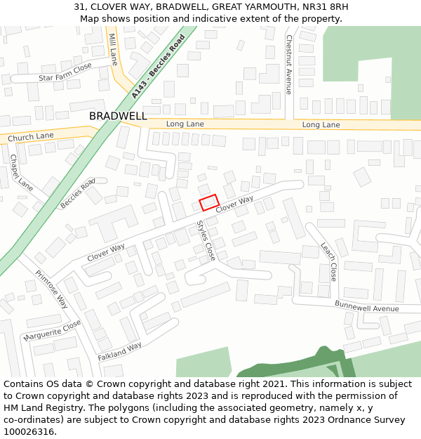 31, CLOVER WAY, BRADWELL, GREAT YARMOUTH, NR31 8RH: Location map and indicative extent of plot