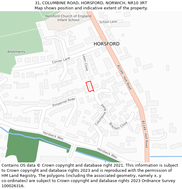 31, COLUMBINE ROAD, HORSFORD, NORWICH, NR10 3RT: Location map and indicative extent of plot
