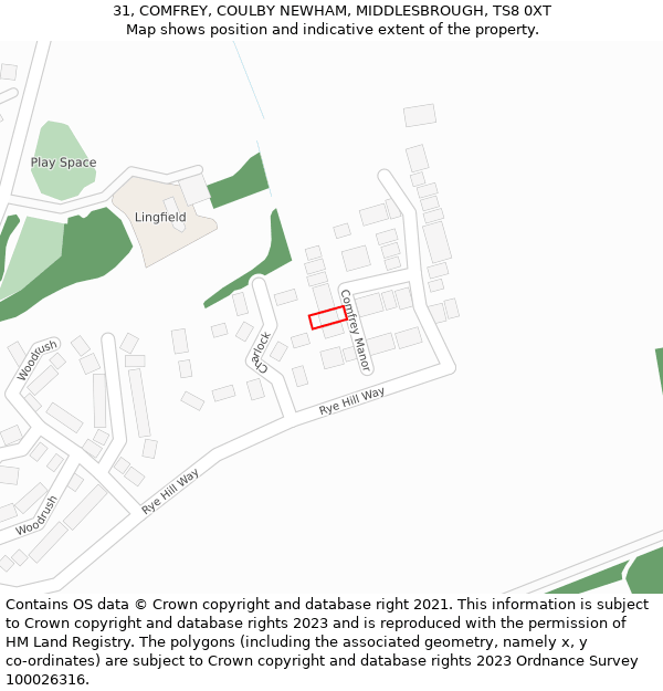 31, COMFREY, COULBY NEWHAM, MIDDLESBROUGH, TS8 0XT: Location map and indicative extent of plot