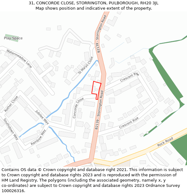 31, CONCORDE CLOSE, STORRINGTON, PULBOROUGH, RH20 3JL: Location map and indicative extent of plot