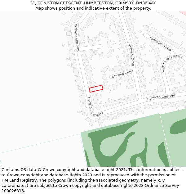 31, CONISTON CRESCENT, HUMBERSTON, GRIMSBY, DN36 4AY: Location map and indicative extent of plot