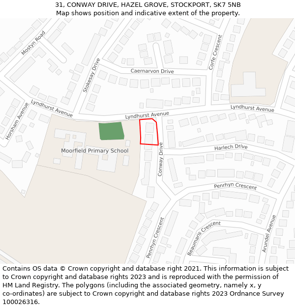31, CONWAY DRIVE, HAZEL GROVE, STOCKPORT, SK7 5NB: Location map and indicative extent of plot