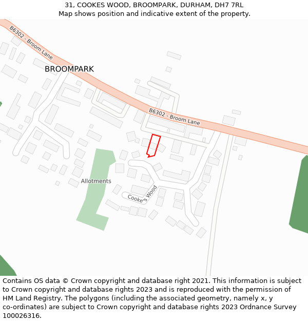 31, COOKES WOOD, BROOMPARK, DURHAM, DH7 7RL: Location map and indicative extent of plot