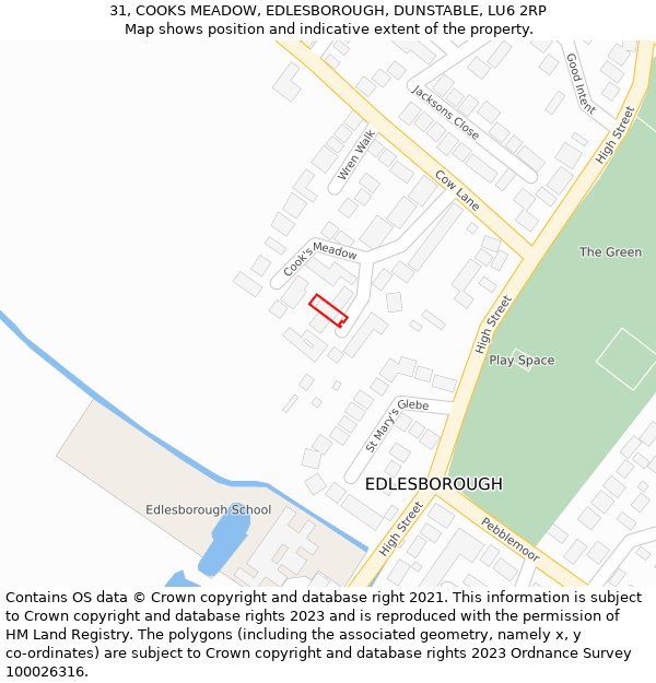 31, COOKS MEADOW, EDLESBOROUGH, DUNSTABLE, LU6 2RP: Location map and indicative extent of plot