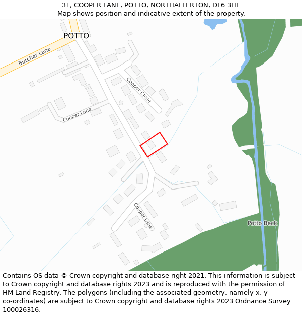 31, COOPER LANE, POTTO, NORTHALLERTON, DL6 3HE: Location map and indicative extent of plot