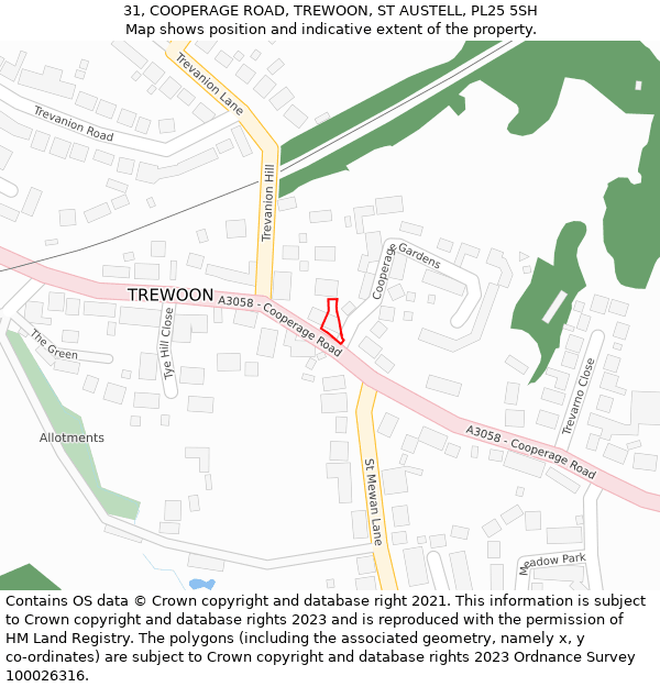 31, COOPERAGE ROAD, TREWOON, ST AUSTELL, PL25 5SH: Location map and indicative extent of plot