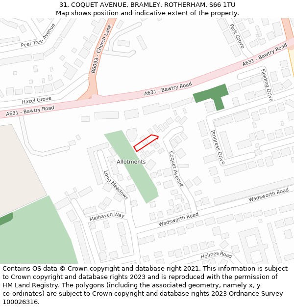 31, COQUET AVENUE, BRAMLEY, ROTHERHAM, S66 1TU: Location map and indicative extent of plot