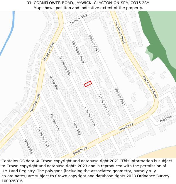 31, CORNFLOWER ROAD, JAYWICK, CLACTON-ON-SEA, CO15 2SA: Location map and indicative extent of plot