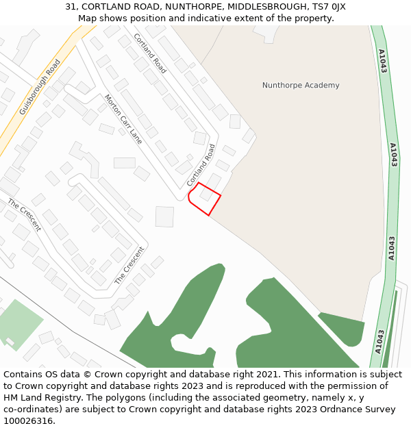 31, CORTLAND ROAD, NUNTHORPE, MIDDLESBROUGH, TS7 0JX: Location map and indicative extent of plot