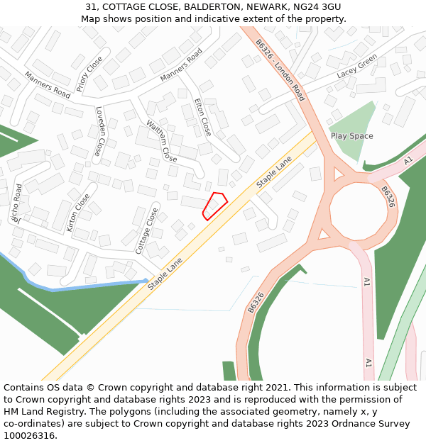 31, COTTAGE CLOSE, BALDERTON, NEWARK, NG24 3GU: Location map and indicative extent of plot