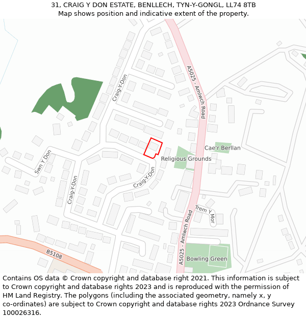 31, CRAIG Y DON ESTATE, BENLLECH, TYN-Y-GONGL, LL74 8TB: Location map and indicative extent of plot