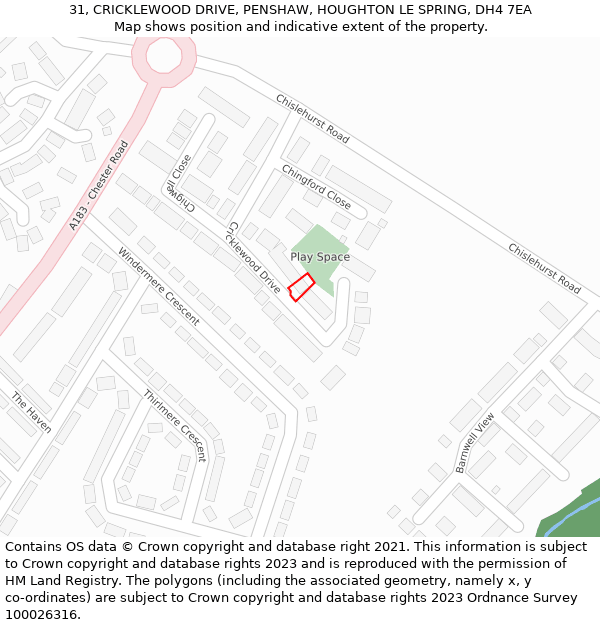 31, CRICKLEWOOD DRIVE, PENSHAW, HOUGHTON LE SPRING, DH4 7EA: Location map and indicative extent of plot