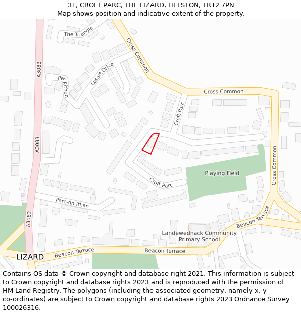 31, CROFT PARC, THE LIZARD, HELSTON, TR12 7PN: Location map and indicative extent of plot