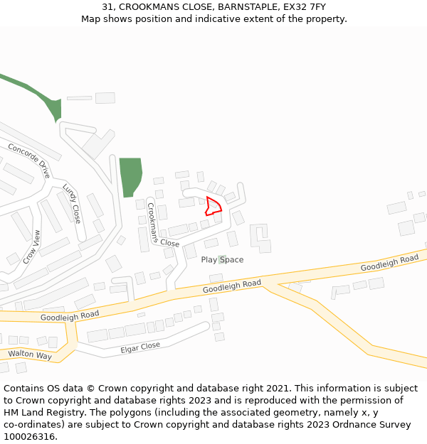 31, CROOKMANS CLOSE, BARNSTAPLE, EX32 7FY: Location map and indicative extent of plot