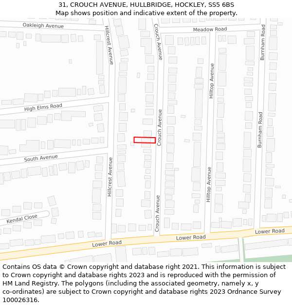 31, CROUCH AVENUE, HULLBRIDGE, HOCKLEY, SS5 6BS: Location map and indicative extent of plot