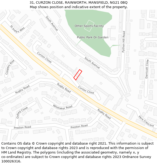 31, CURZON CLOSE, RAINWORTH, MANSFIELD, NG21 0BQ: Location map and indicative extent of plot