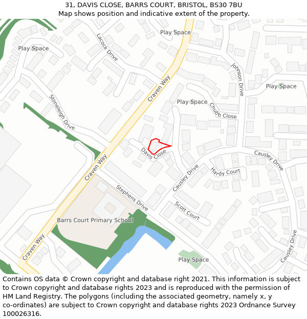 31, DAVIS CLOSE, BARRS COURT, BRISTOL, BS30 7BU: Location map and indicative extent of plot