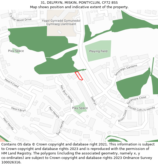 31, DELFRYN, MISKIN, PONTYCLUN, CF72 8SS: Location map and indicative extent of plot