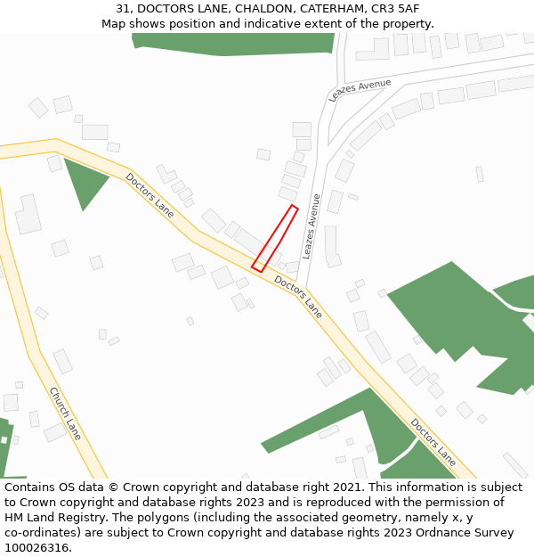 31, DOCTORS LANE, CHALDON, CATERHAM, CR3 5AF: Location map and indicative extent of plot