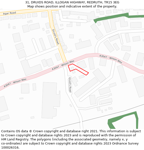 31, DRUIDS ROAD, ILLOGAN HIGHWAY, REDRUTH, TR15 3EG: Location map and indicative extent of plot