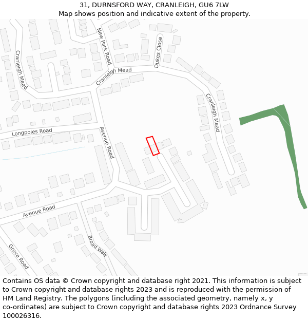 31, DURNSFORD WAY, CRANLEIGH, GU6 7LW: Location map and indicative extent of plot