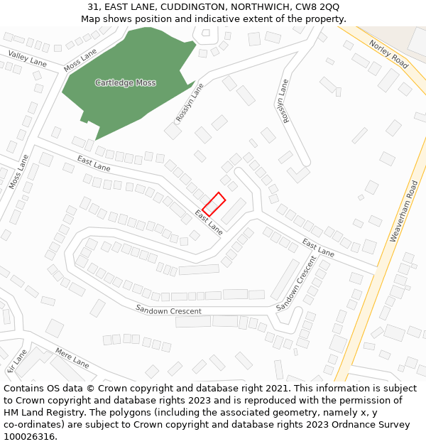 31, EAST LANE, CUDDINGTON, NORTHWICH, CW8 2QQ: Location map and indicative extent of plot