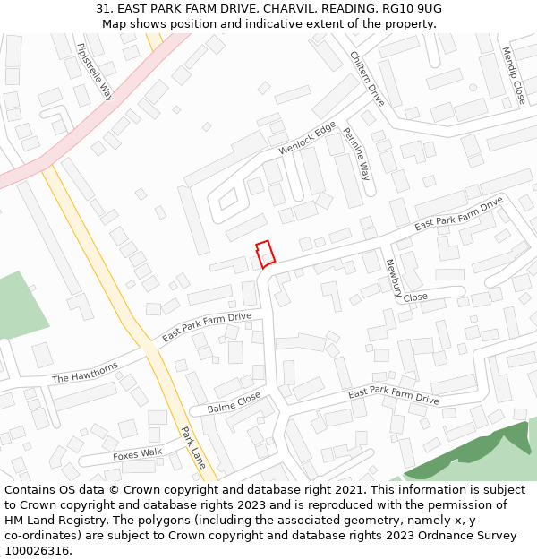 31, EAST PARK FARM DRIVE, CHARVIL, READING, RG10 9UG: Location map and indicative extent of plot