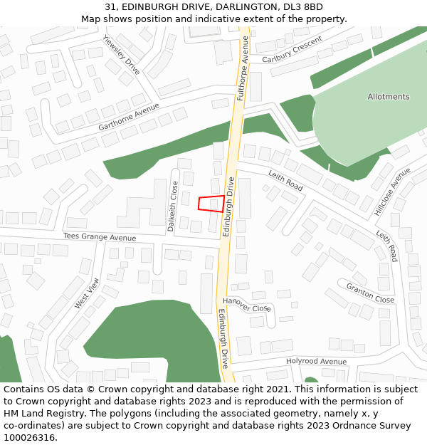 31, EDINBURGH DRIVE, DARLINGTON, DL3 8BD: Location map and indicative extent of plot