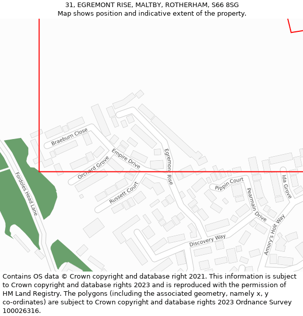 31, EGREMONT RISE, MALTBY, ROTHERHAM, S66 8SG: Location map and indicative extent of plot